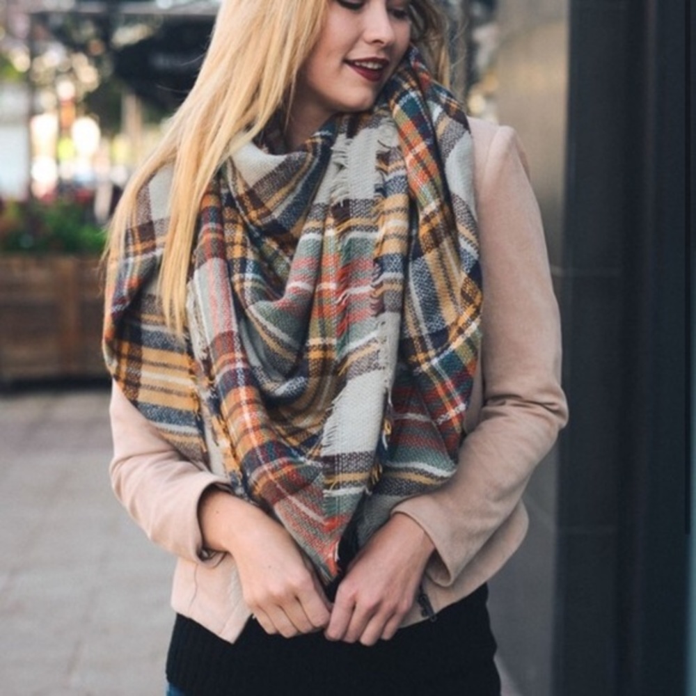 Multi-color plaid blanket scarf